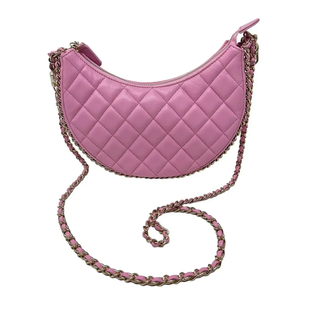 Chanel Clutch with Chain Lambskin Shiny Light Gold Metal Pink Women's One Size